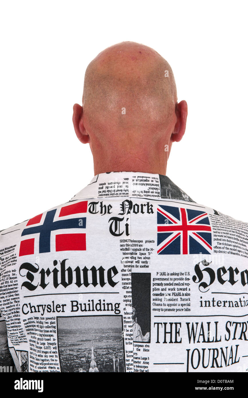 Back of a bald man with newspaper jacket Stock Photo