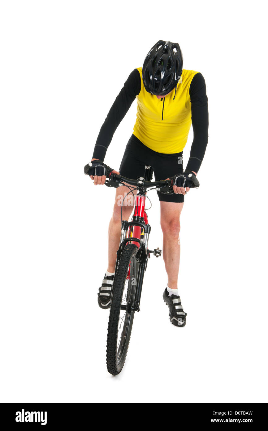 Active mountain biker standing in studio isolated over white background Stock Photo