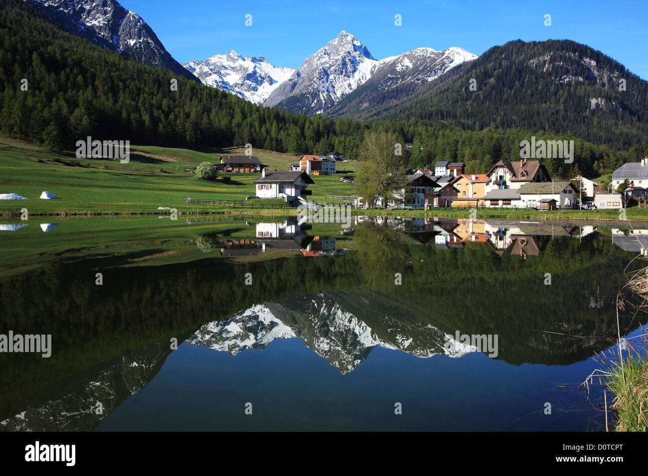 Travel, Geography, Europe, Switzerland, Graubunden, Grisons, Engadin, Lower Engadine, Tarasp, Alps, Mountain, Lake, Reflection, Stock Photo