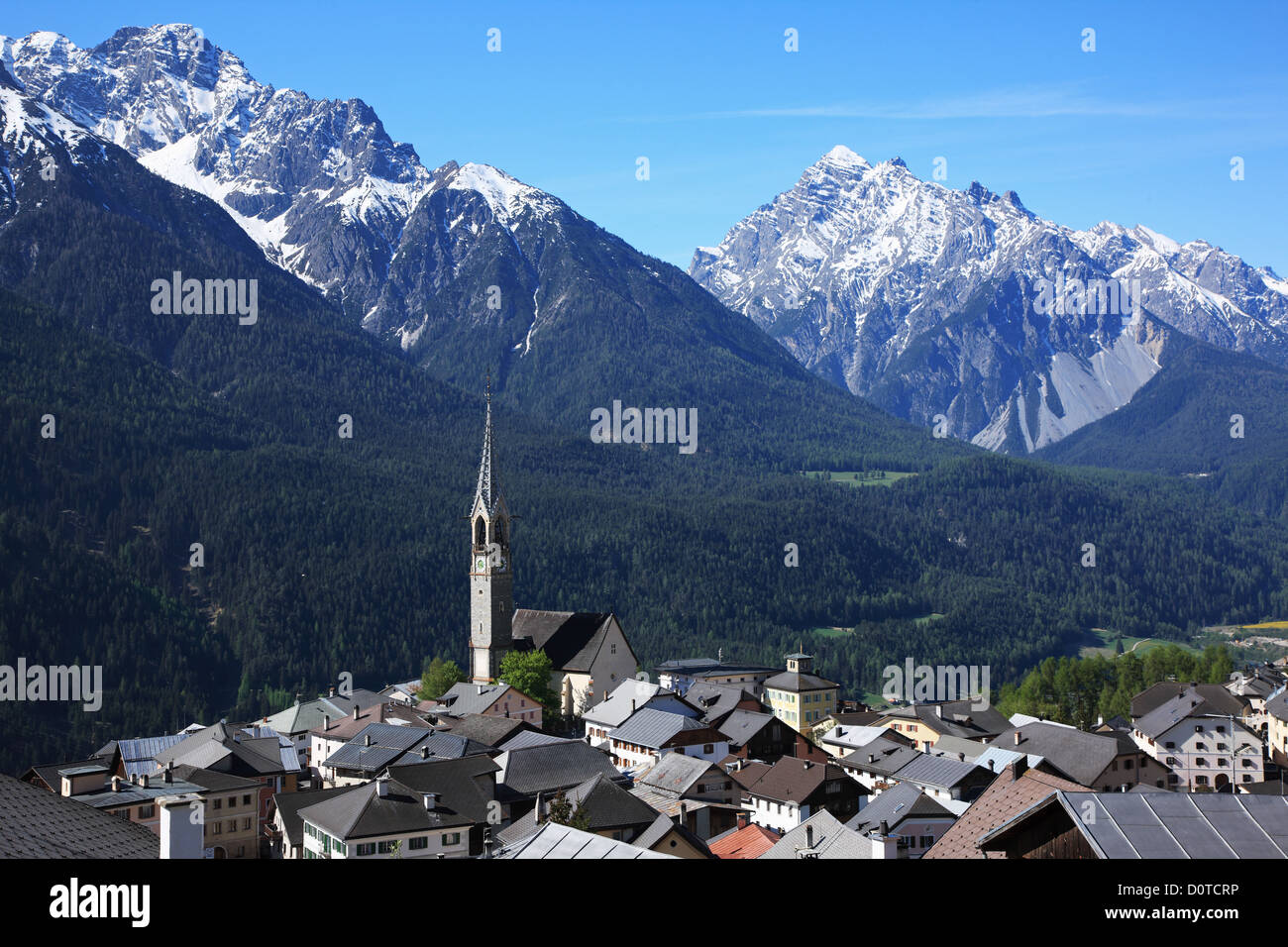 Travel, Geography, Europe, Switzerland, Graubunden, Grisons, Engadin, Lower Engadine, Sent, Village, Alps, Mountain, Church, Tra Stock Photo