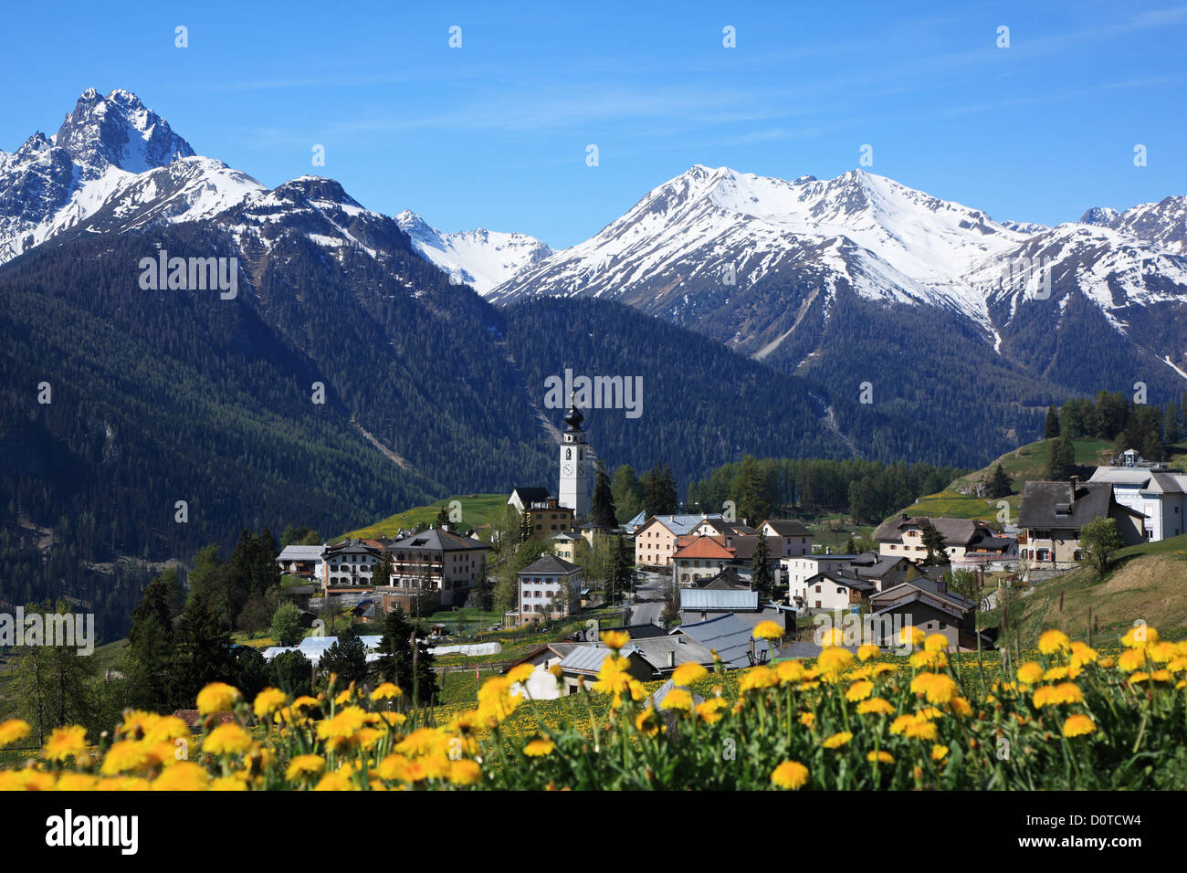 Travel, Geography, Europe, Switzerland, Graubunden, Grisons, Engadin, Lower Engadine, Ftan, Village, Alps, Mountain, Church, Tra Stock Photo