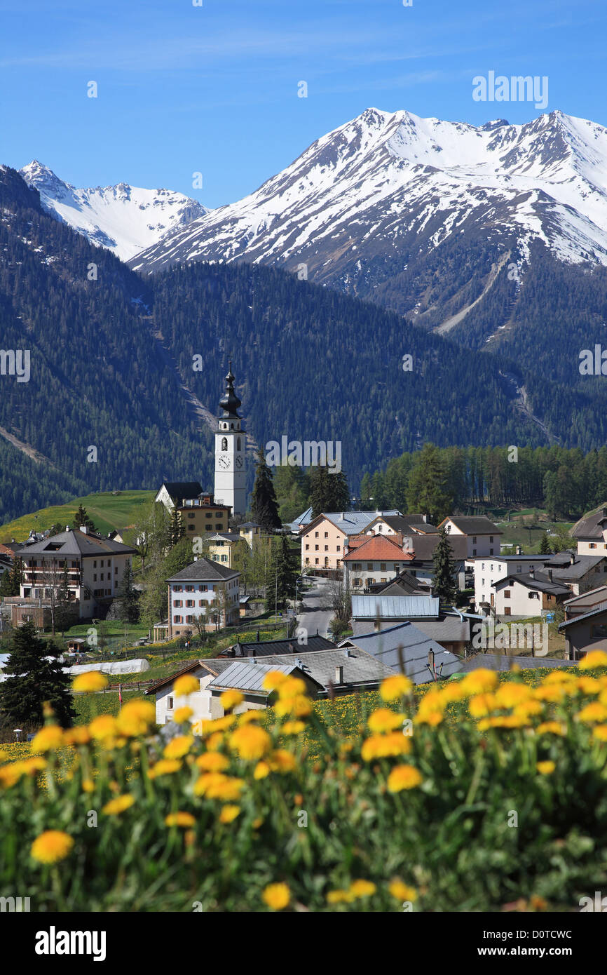 Travel, Geography, Europe, Switzerland, Graubunden, Grisons, Engadin, Lower Engadine, Ftan, Village, Alps, Mountain, Church, Tra Stock Photo
