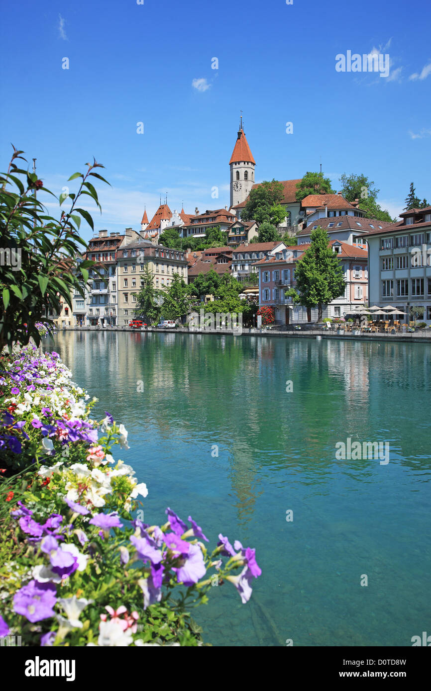 Travel, Geography, Architecture, Culture, Europe, Switzerland, Bern, Thun, Town, Castle, Church, Lake, Vertical Stock Photo