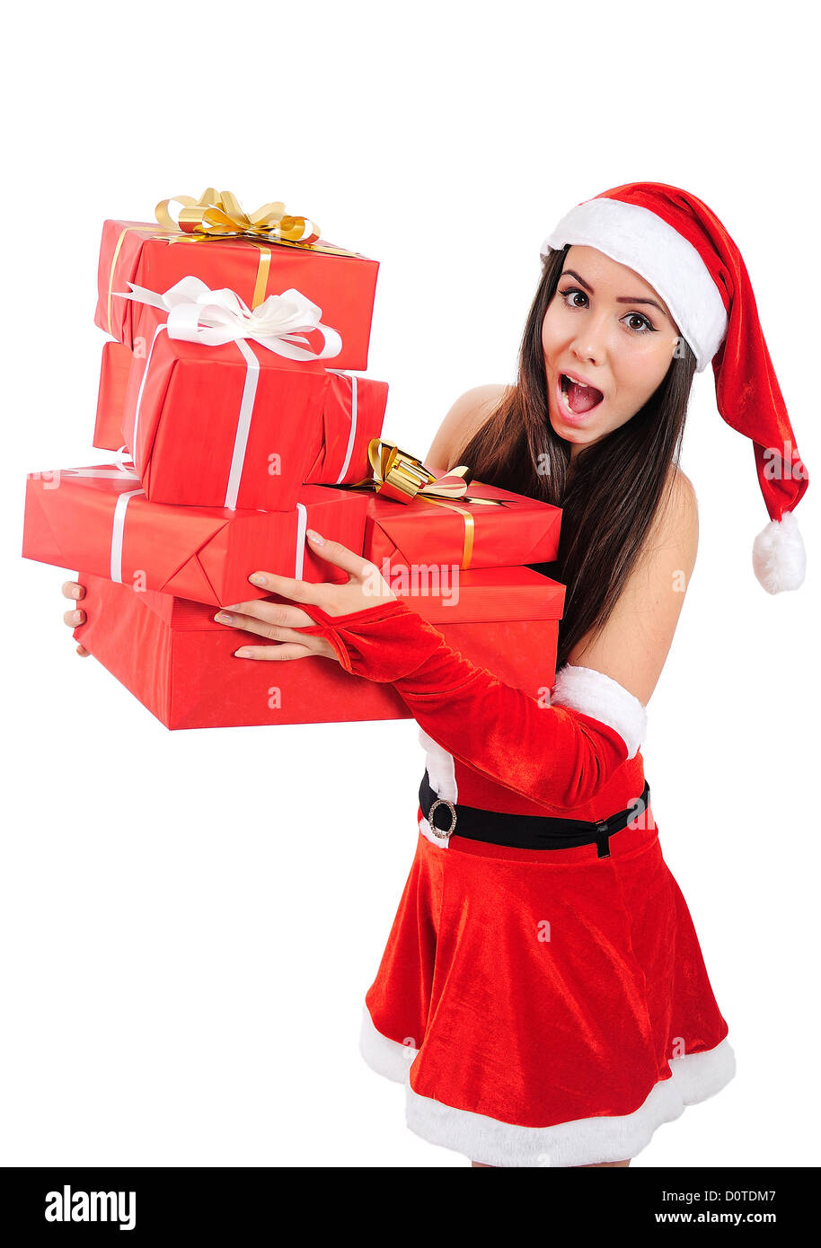 Isolated Young Christmas Girl Holding Gift Stock Photo - Alamy