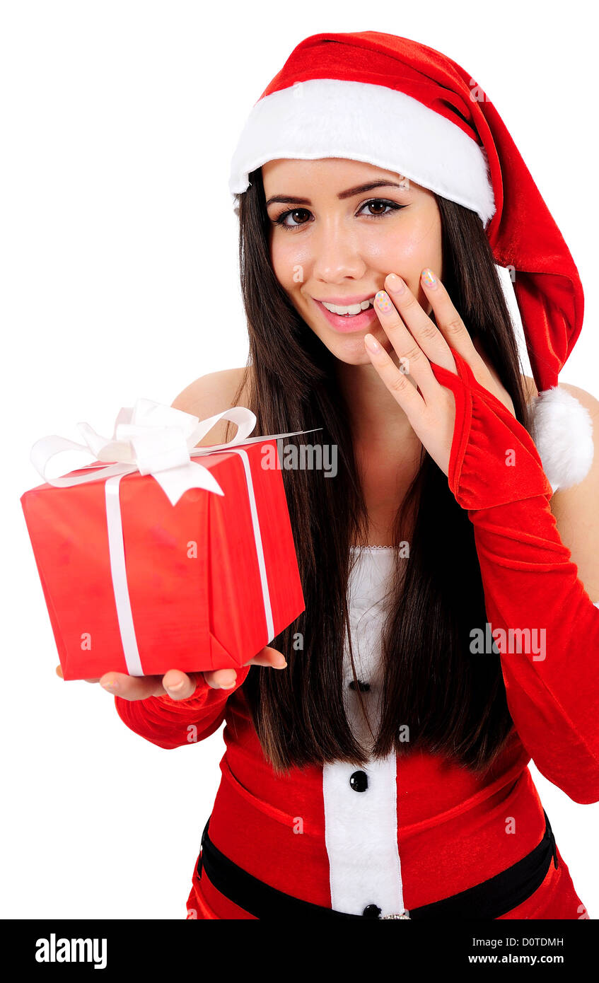 Isolated Young Christmas Girl Giving Gift Stock Photo - Alamy