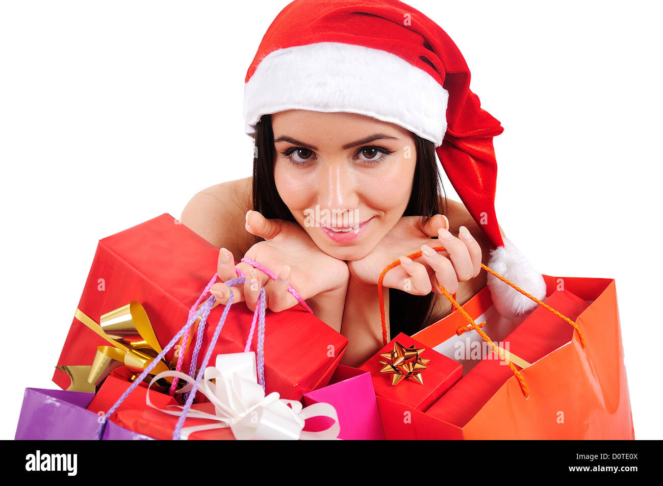 Isolated Young Christmas Girl With Shopping Bag Stock Photo - Alamy