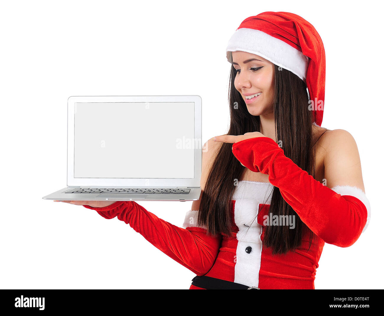 Isolated Young Christmas Girl Holding Laptop Stock Photo - Alamy