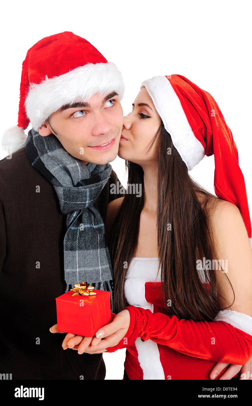 Isolated Young Christmas Couple Kiss Stock Photo Alamy