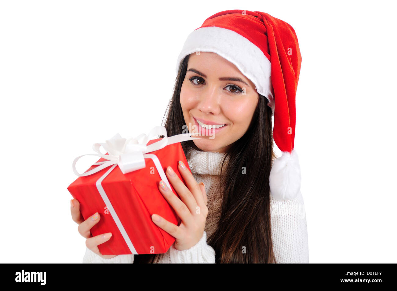 Isolated Young Christmas Girl Holding Gift Stock Photo - Alamy