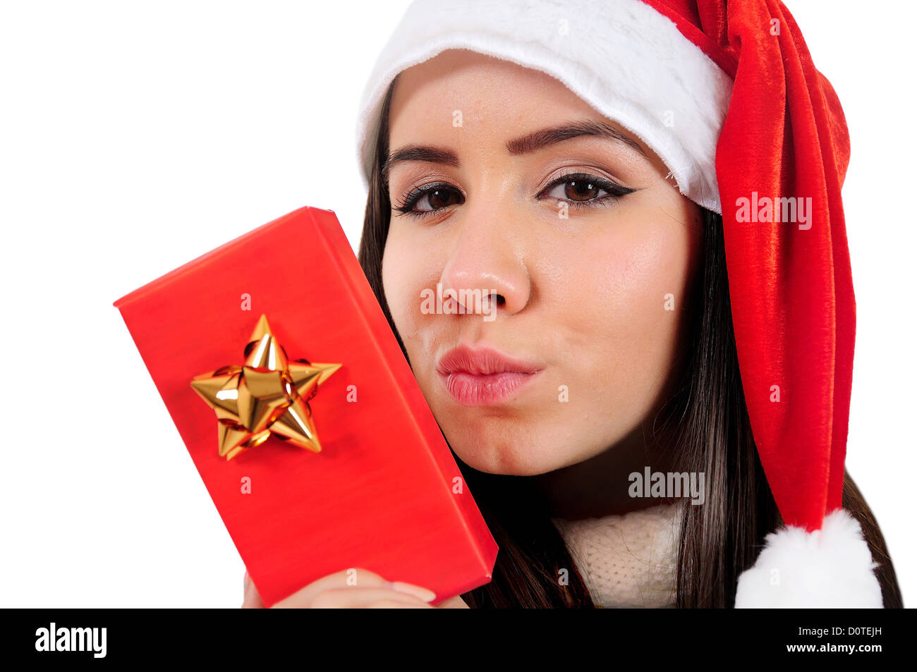 Isolated Young Christmas Girl Kiss Gift Stock Photo Alamy