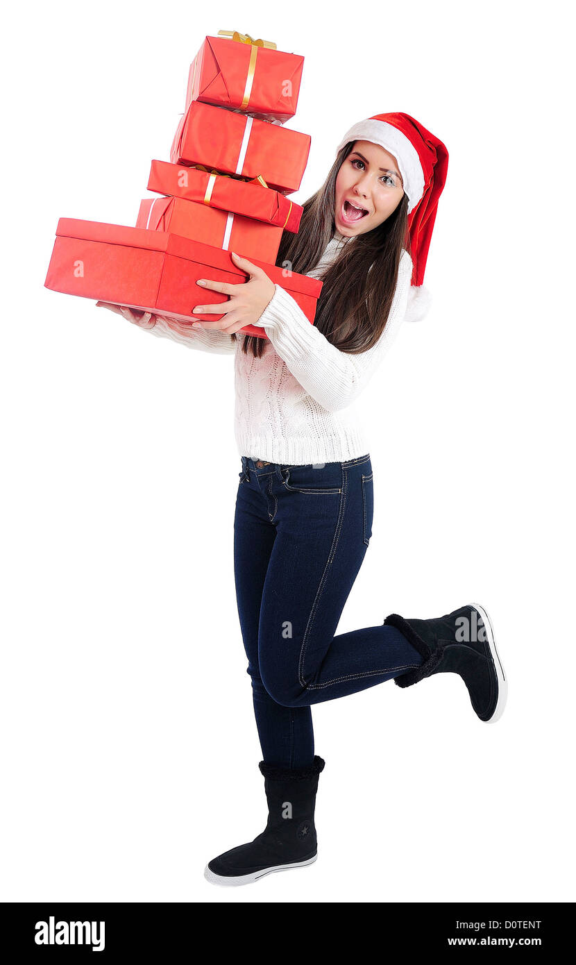 Isolated Young Christmas Girl Holding Group Gift Stock Photo - Alamy