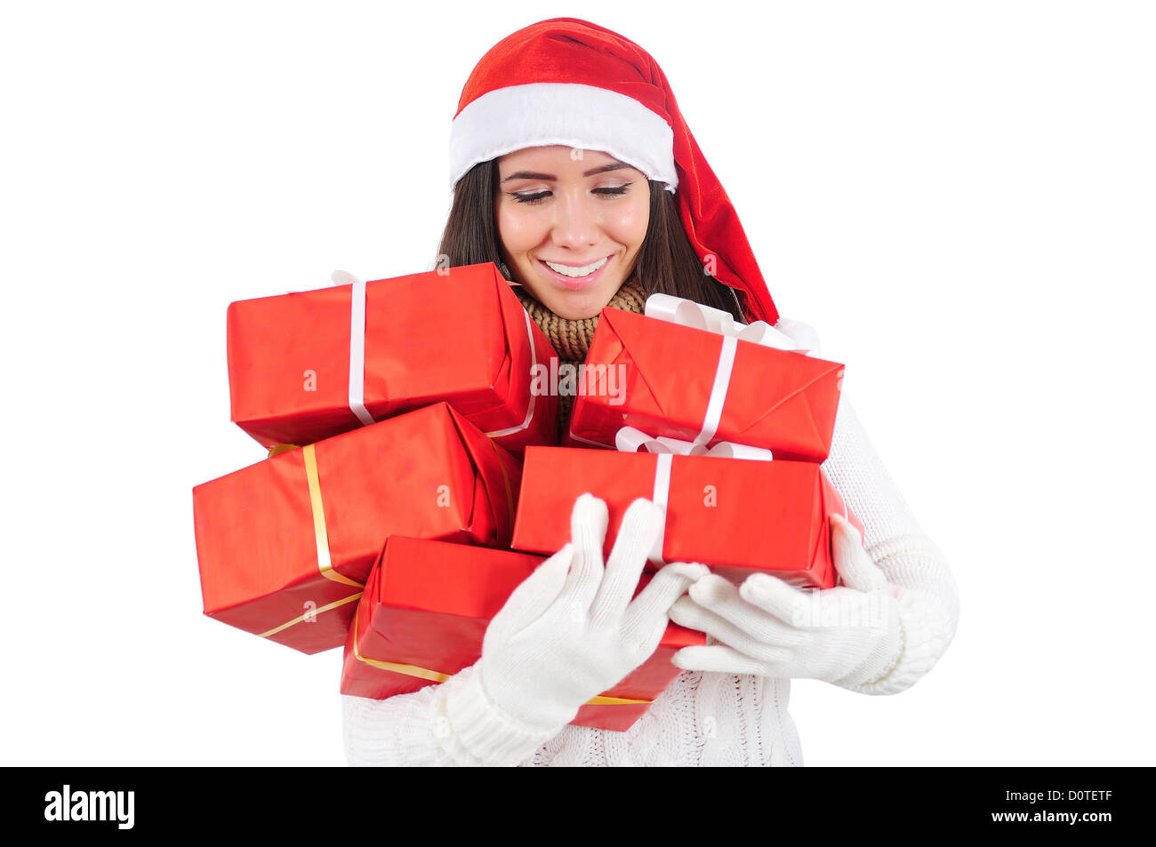 Isolated Young Christmas Girl Holding Group Gift Stock Photo - Alamy