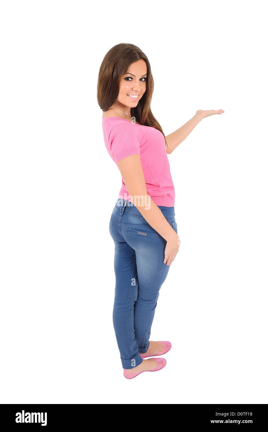 Isolated young casual woman presenting Stock Photo