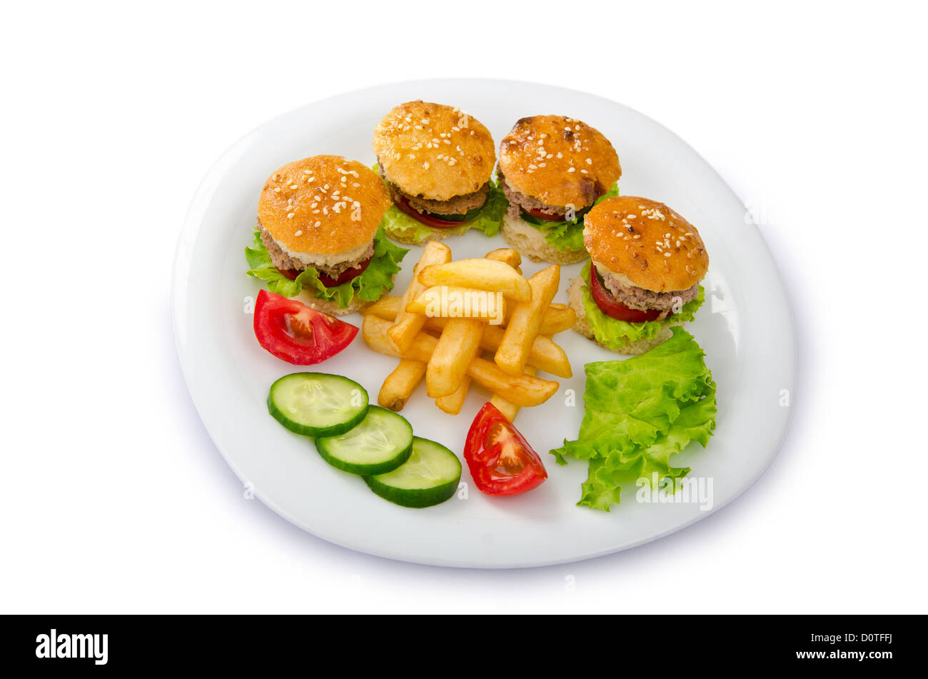 Plate with burgers and french fries Stock Photo