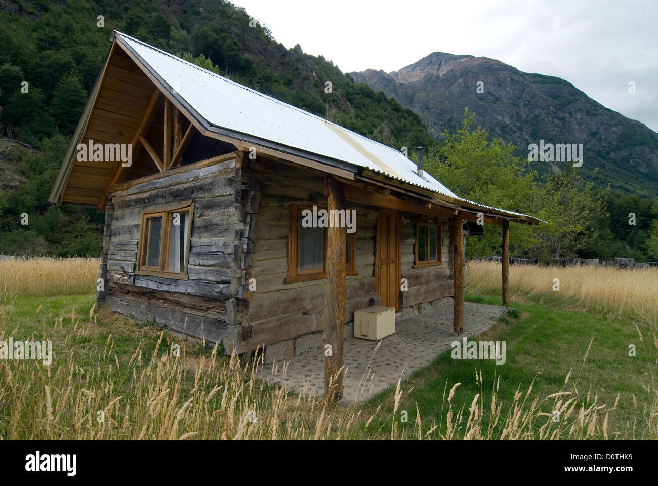 Rustic Log Cabin In Chile S Futaleufu River Valley Stock Photo