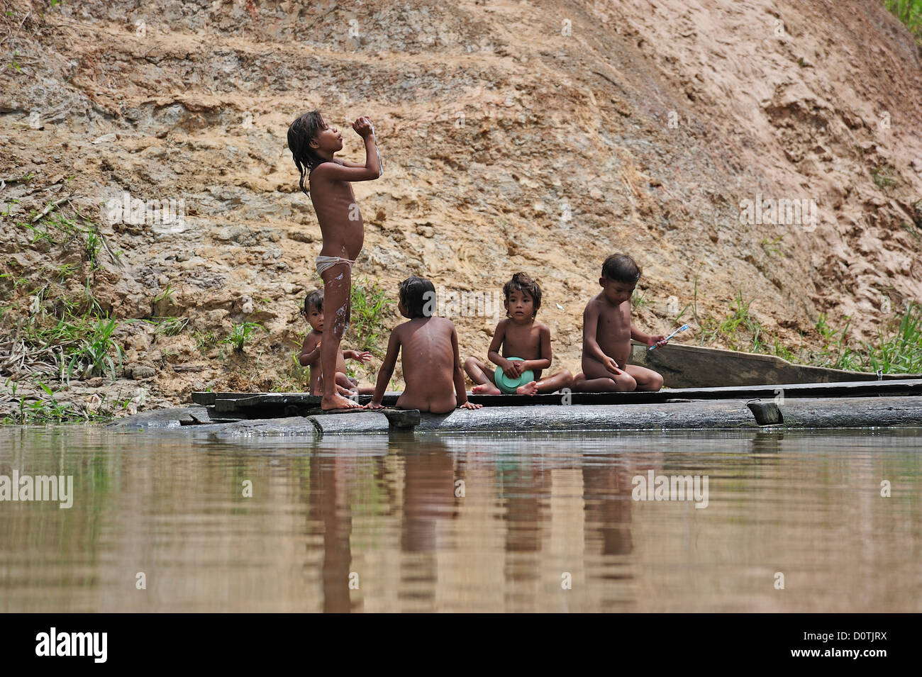 Indian kids, bathing, playing water, Indigenous, Indian tribe, Amacayon, Ticuna, Indians, Amazon, River, Puerto Narino, Colombia Stock Photo