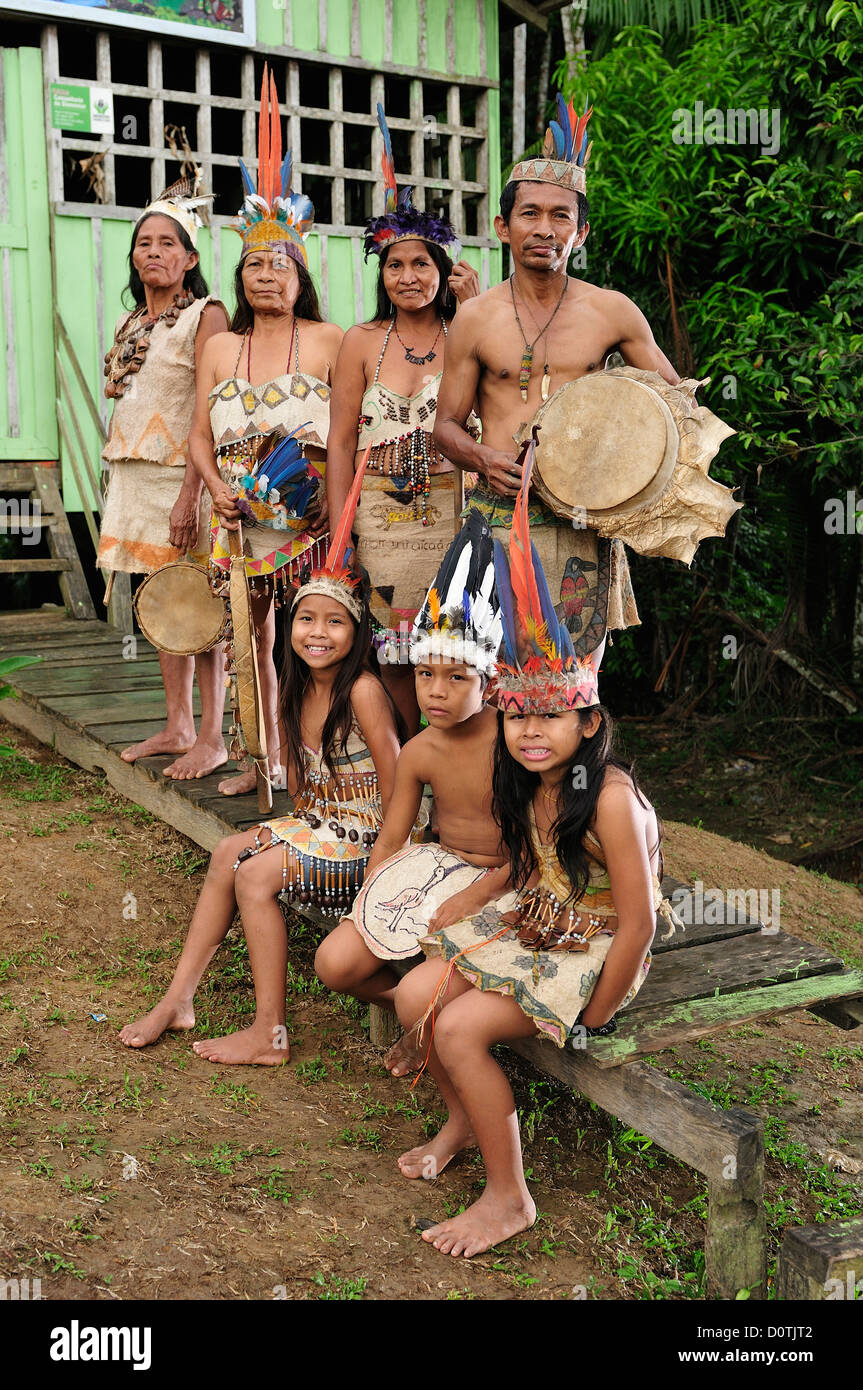 Natives, Indians, Amazon Indian Tribe, indiginous, Ticuna, Indian Village, Macedonia, Amazon, River, Puerto Narino, Colombia, So Stock Photo