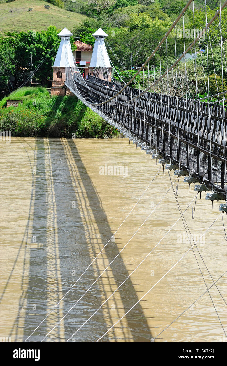Old, foot bridge, bridge, River, suspension bridge, Rio Cauca, Antigua Puente de Occidente, Santa Fe de Antioquia, Colombia, Sou Stock Photo