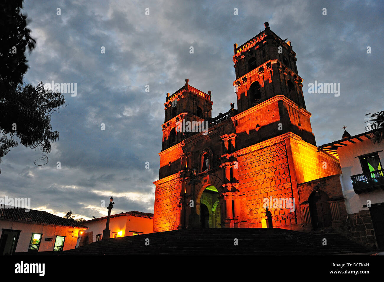 Stone Church, dusk, Templo, colonial, Town, Barichara, Colombia, South America, church, night Stock Photo