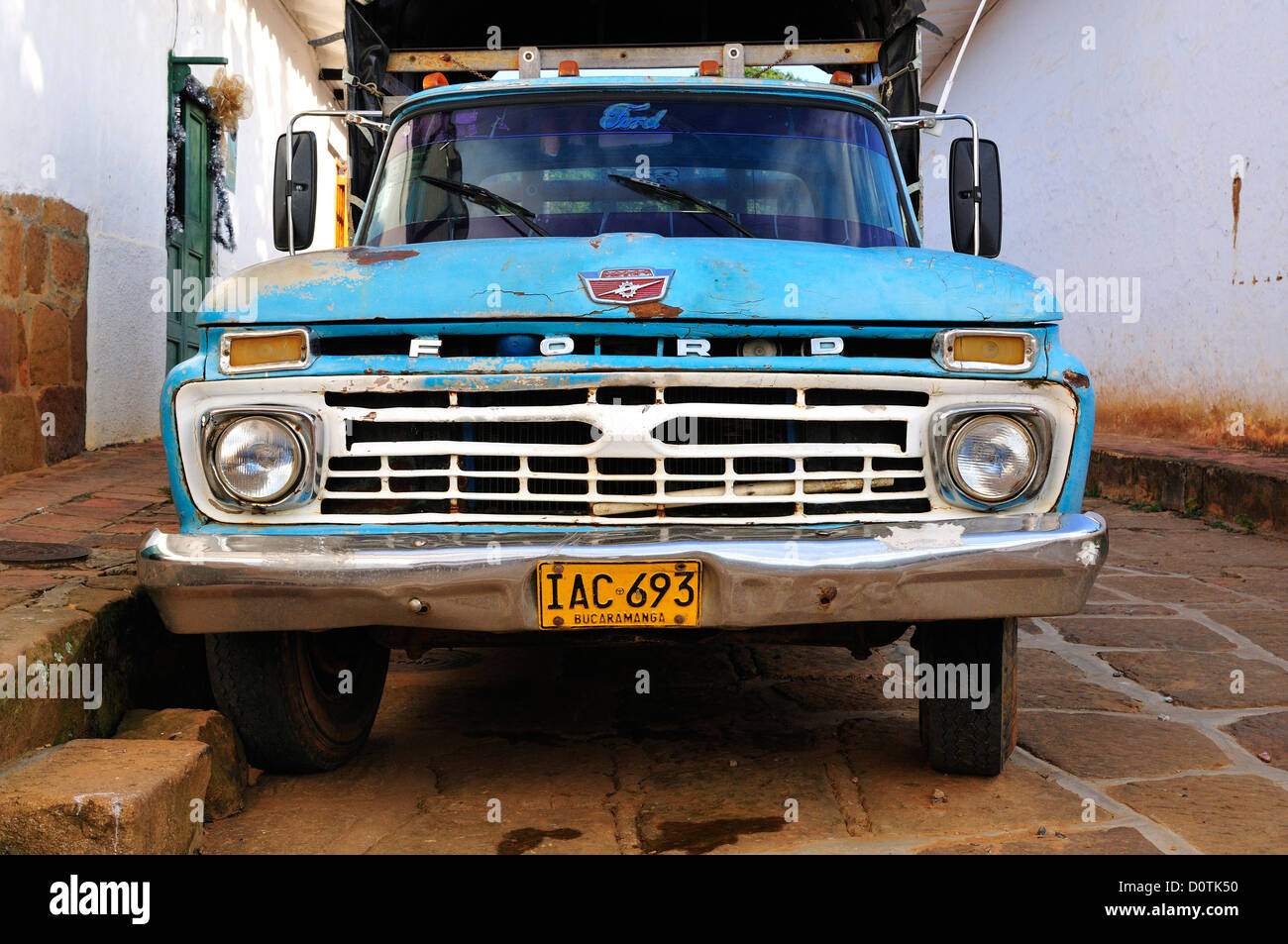 Old, beaten up, blue, truck, colonial, Town, Barichara, Colombia, South America, Ford Stock Photo