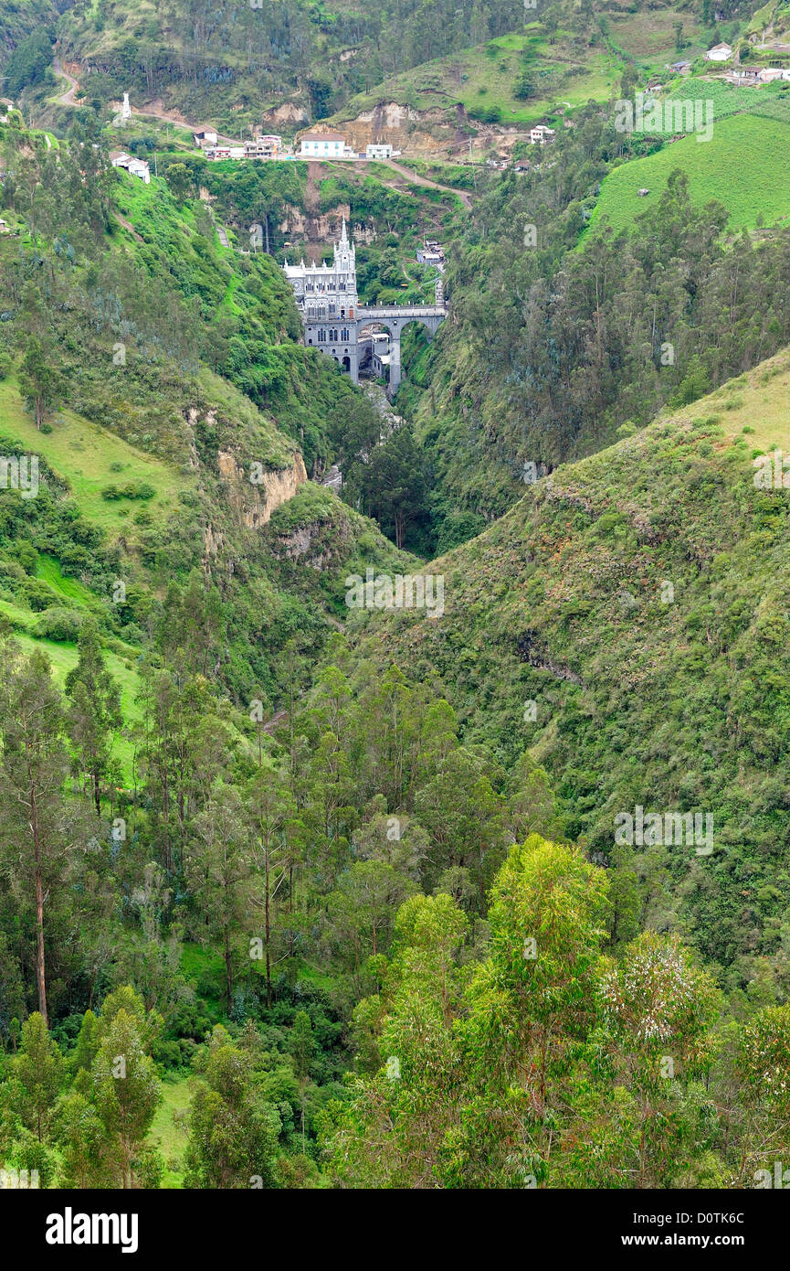 Canyon, church, gothic, Santuario de las Lajas, Pilgrim, gothic style, Las Lajas, Colombia, South America Stock Photo