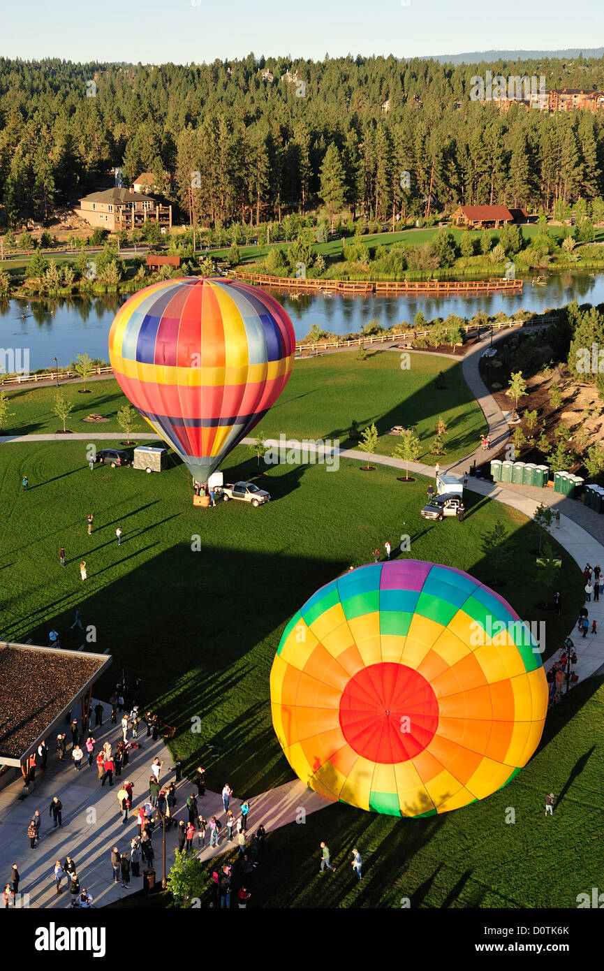 Balloons, hot air, Bend, Oregon, USA, United States, America, North America, landscape, aerial view Stock Photo