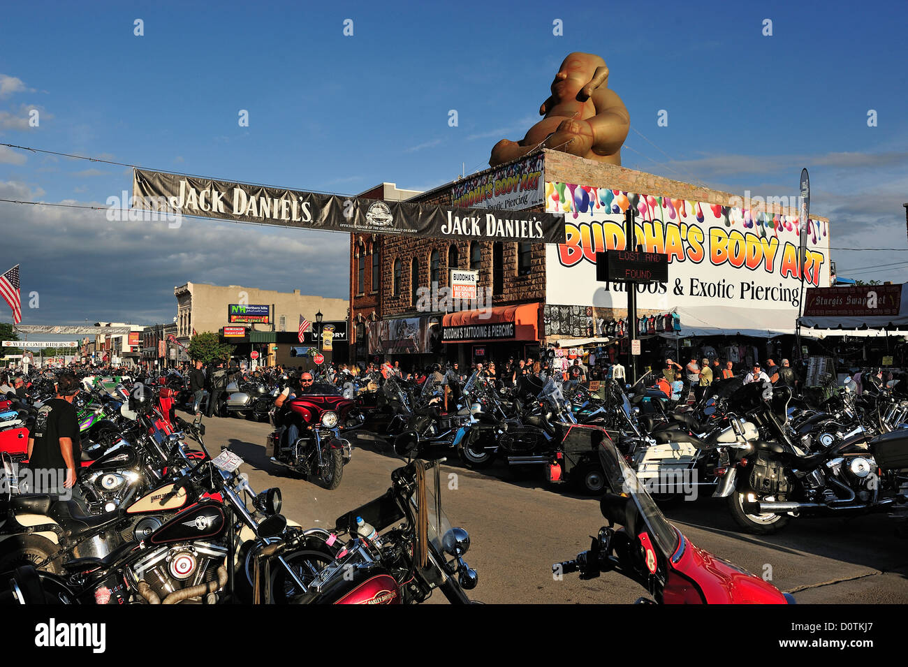 bikers, bizarre, people, Sturgis, rally, greaser, horizontal, biker, main street, Black Hills, South Dakota, Harley, Harley Davi Stock Photo