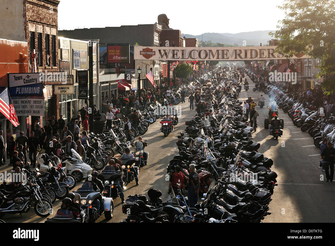 Bikes, bike, crowded, street, Harley, Harley Davidson, Motorcycle, Rally, downtown, Sturgis, South Dakota, USA, United States, A Stock Photo