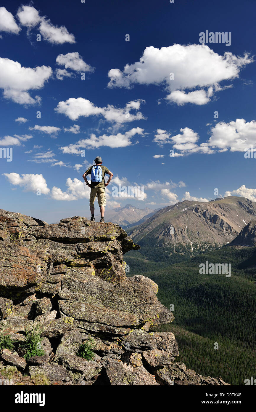 Trail, Ridge Road, hiking, climbing, man, cliff, Rocky Mountain, National Park, Colorado, USA, United States, America, North Ame Stock Photo