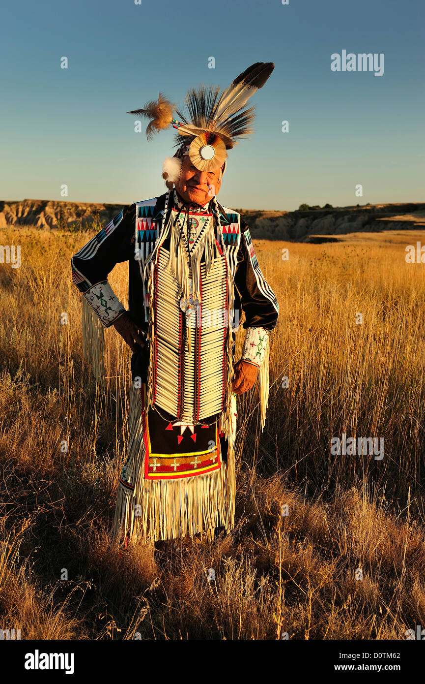 Jerry Yellowhawk, Lakota, Sioux, South Dakota, USA, United States, America, North America, native indian, indian, costume, feath Stock Photo