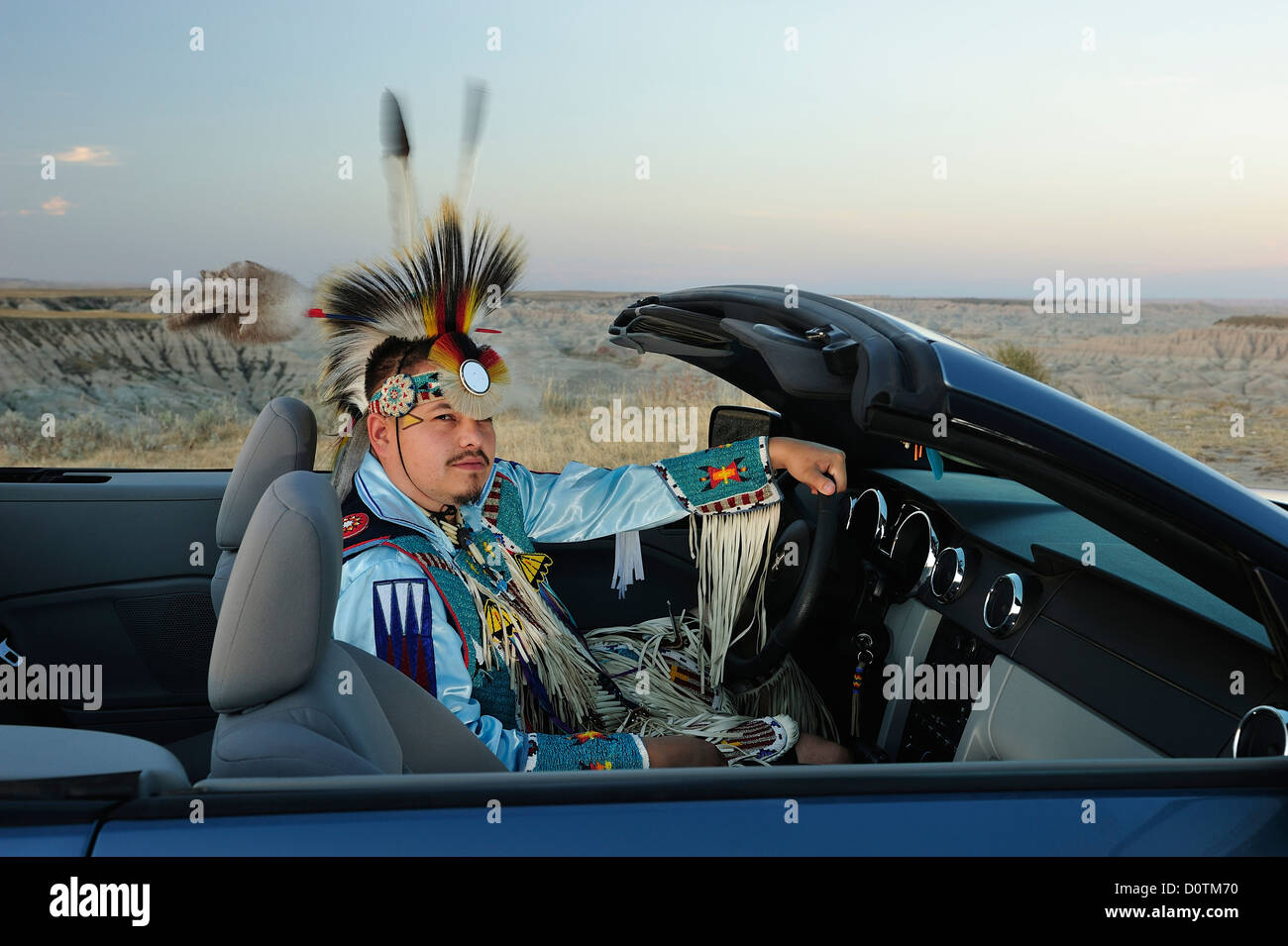 Sioux, Badlands, Stephen Yellowhawk, car, badland, warriors, feathers, regalia, American Native, Lakota, South Dakota, USA, Unit Stock Photo