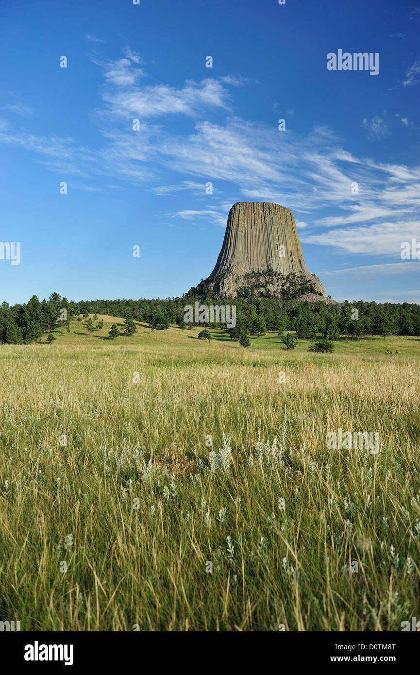 Devils Tower, National Monument, Wyoming, prairie, grassland, volcanic, basalt, tower, natural, landscape, vertical, blue, sky, Stock Photo