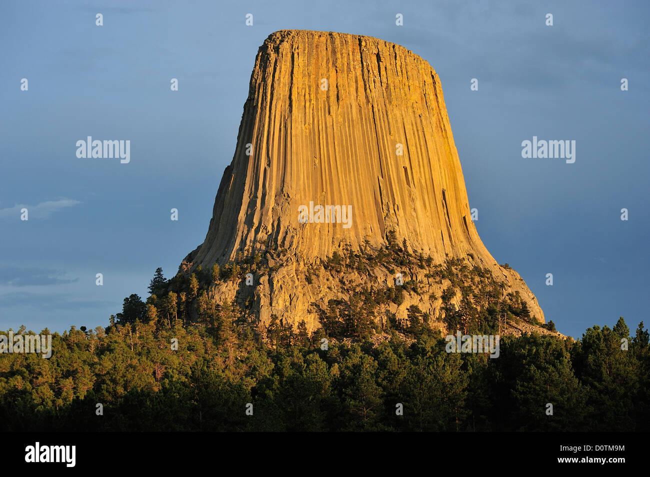 Devils Tower, National Monument, Wyoming, prairie, grassland, volcanic, basalt, tower, natural, landscape, vertical, blue, sky, Stock Photo