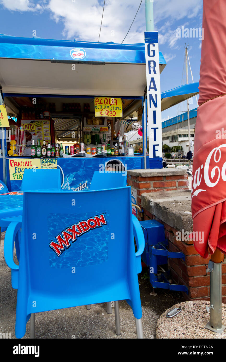 Blue Snack Bar at the Beach of Viareggio in Tuscany, Italy Stock Photo