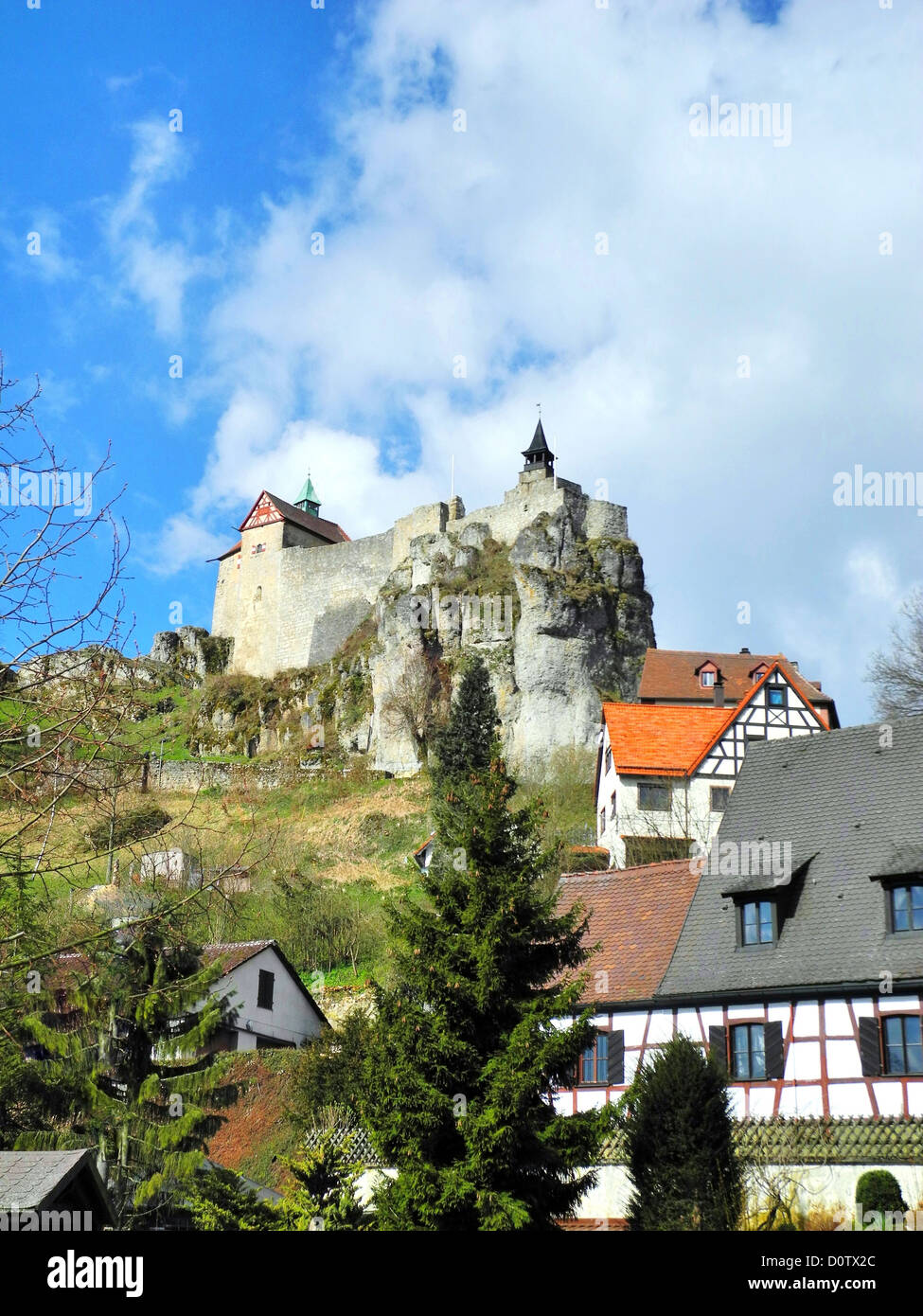 Germany, Europe, Franconian Switzerland, Europe, churches customs brook, castle, castle high stone, sky, blue, heap clouds, clou Stock Photo