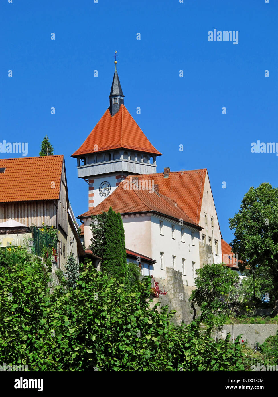 Germany, Europe, Franconian Switzerland, Europe, Hollfeld, church, Gangolfsturm, sky, blue Stock Photo