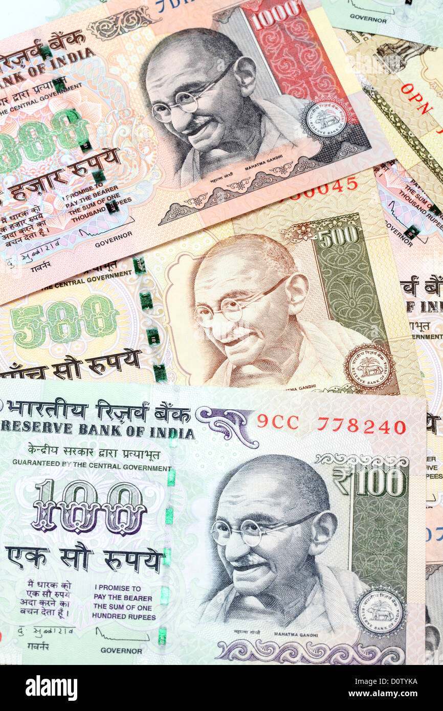 Hundred, fivehundred, and thousand ndian Rupee bank notes Stock Photo