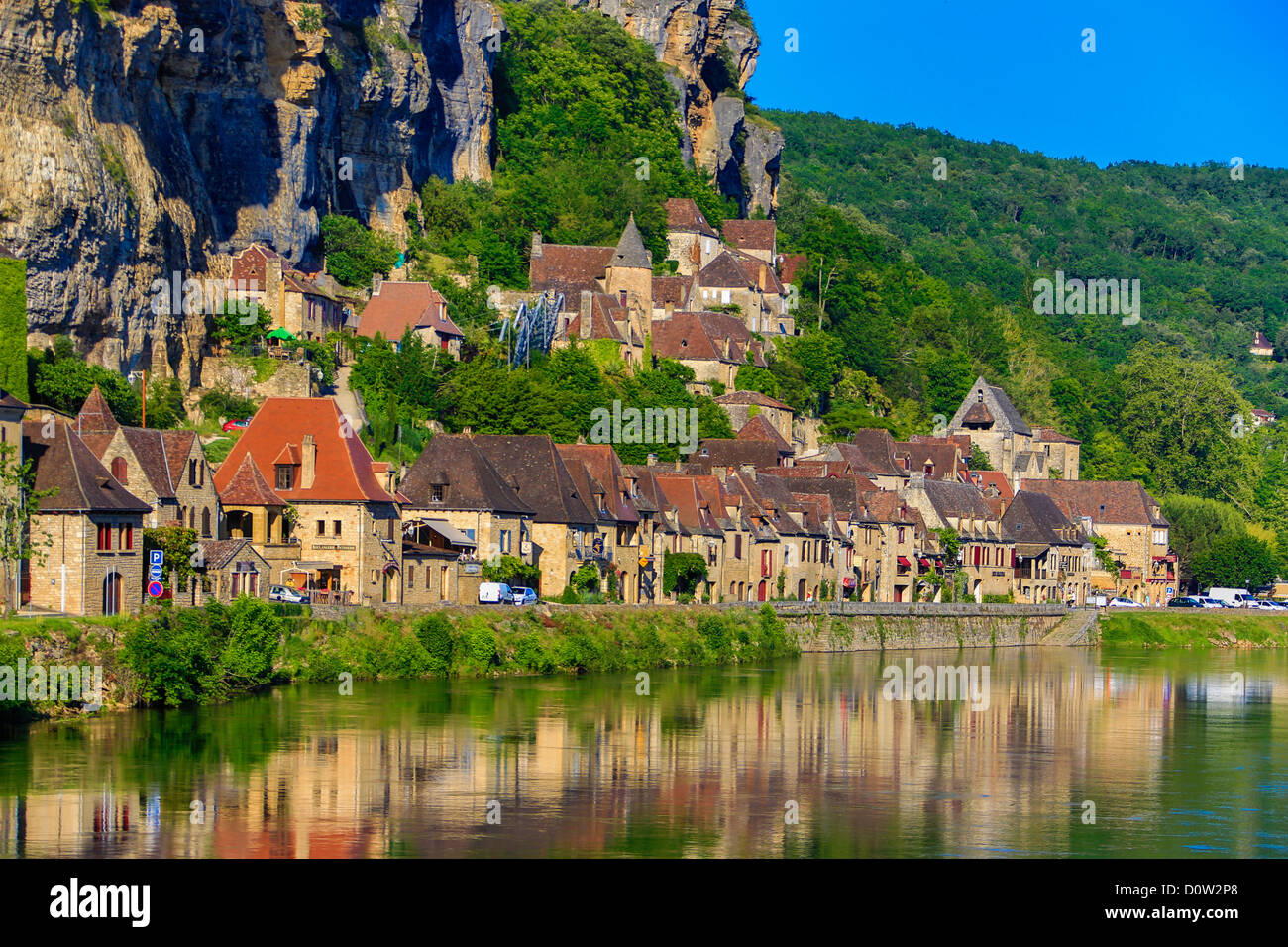 France, Europe, travel, Dordogne, La Roque Gageac, River, architecture, medieval, reflection, traditional, valley, village Stock Photo