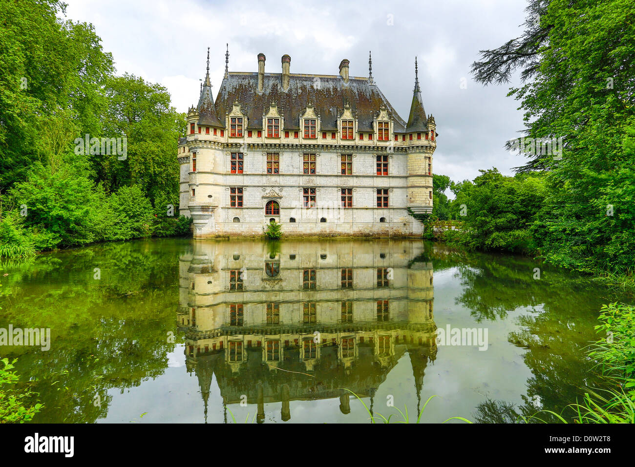 France, Europe, travel, Loire Valley, Azay le Rideau, architecture, castle, cloudy, history, Loire, medieval, pond, reflection, Stock Photo