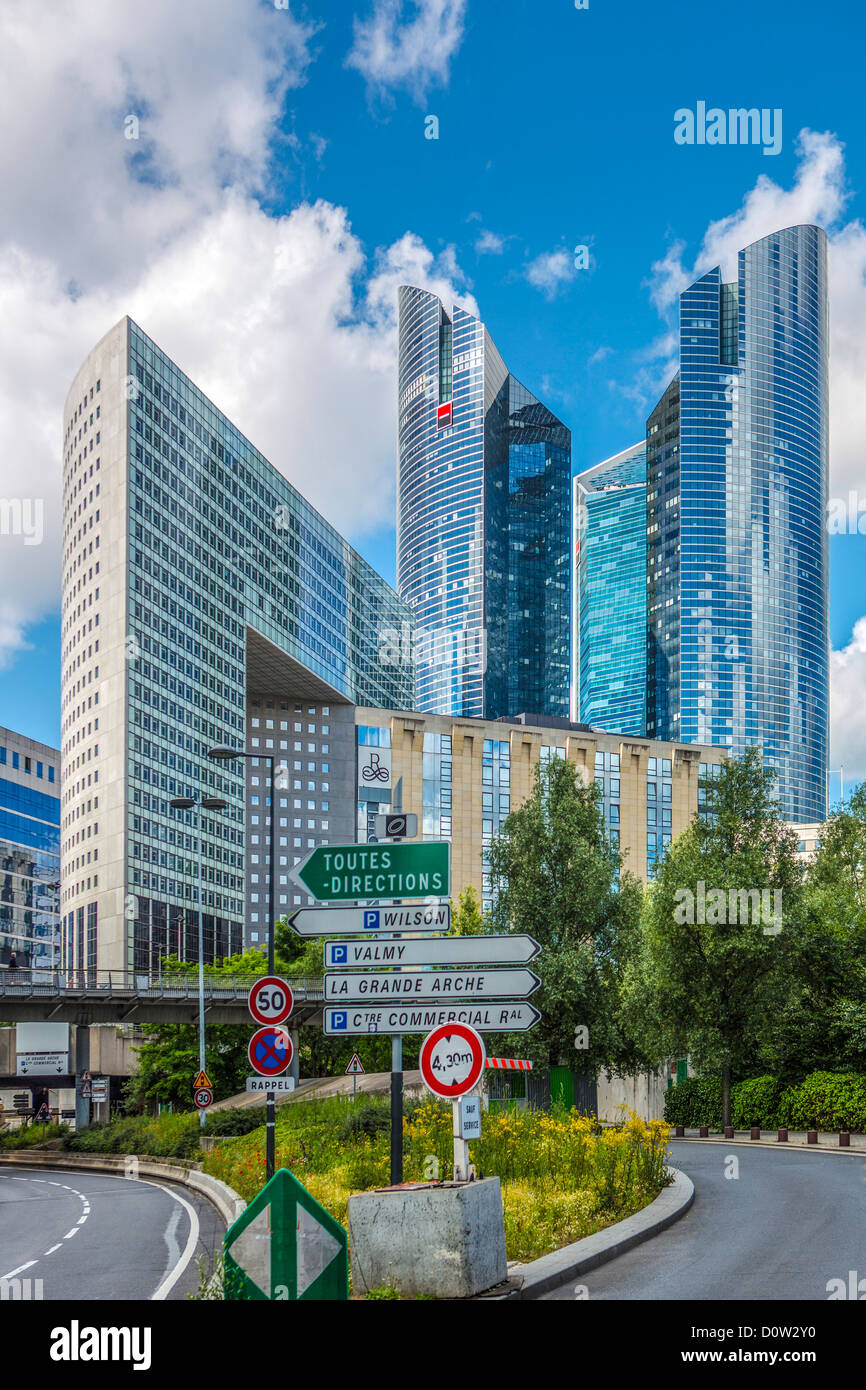 France, Europe, travel, Paris, City, La Defense, architecture, buildings, crossing, defense, directions, new, road, signs, skyli Stock Photo