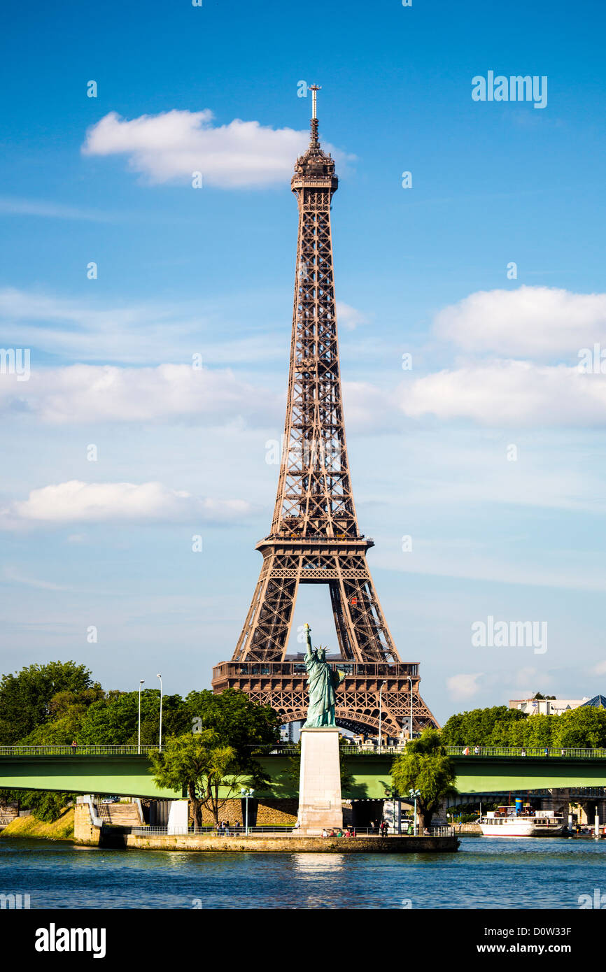 France, Europe, travel, Paris, City, Eiffel Tower, Statue, Liberty, Seine, River, architecture, art, artistic, history, monument Stock Photo