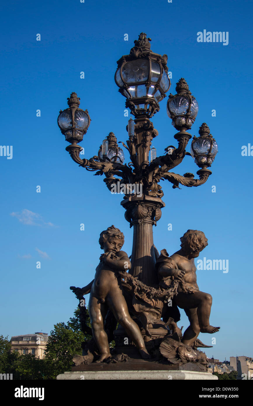 France, Europe, travel, Paris, City, Alexander III Bridge, detail, architecture, art, artistic, bridge, lamp, light, monument, m Stock Photo