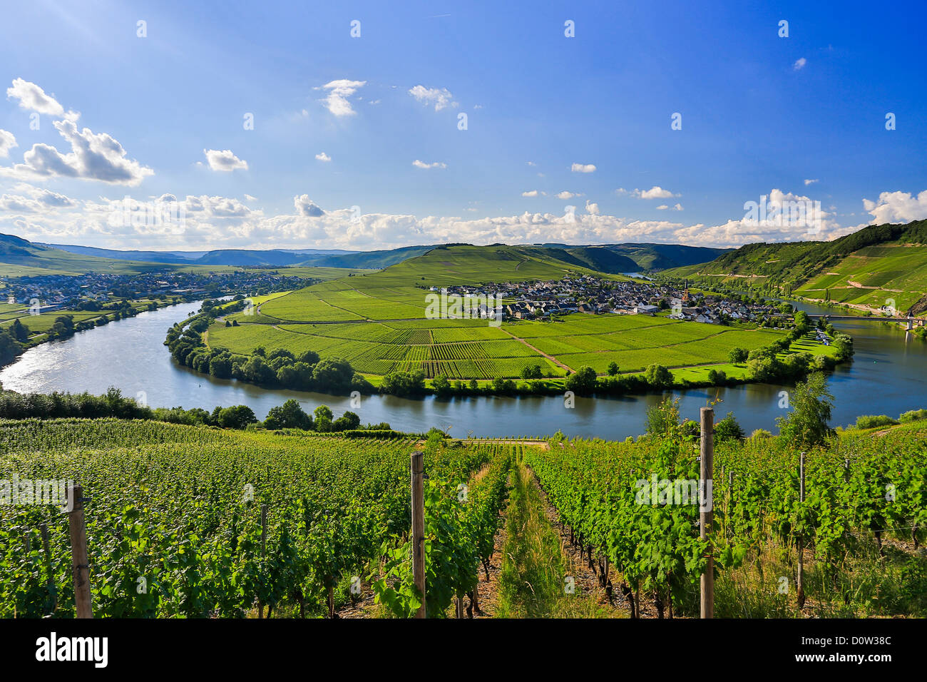Germany, Europe, travel, Moseltal, Moselle, Trittenheim, Moselle, River, vineyards, agriculture, bend, clouds, Mosel, nature, to Stock Photo