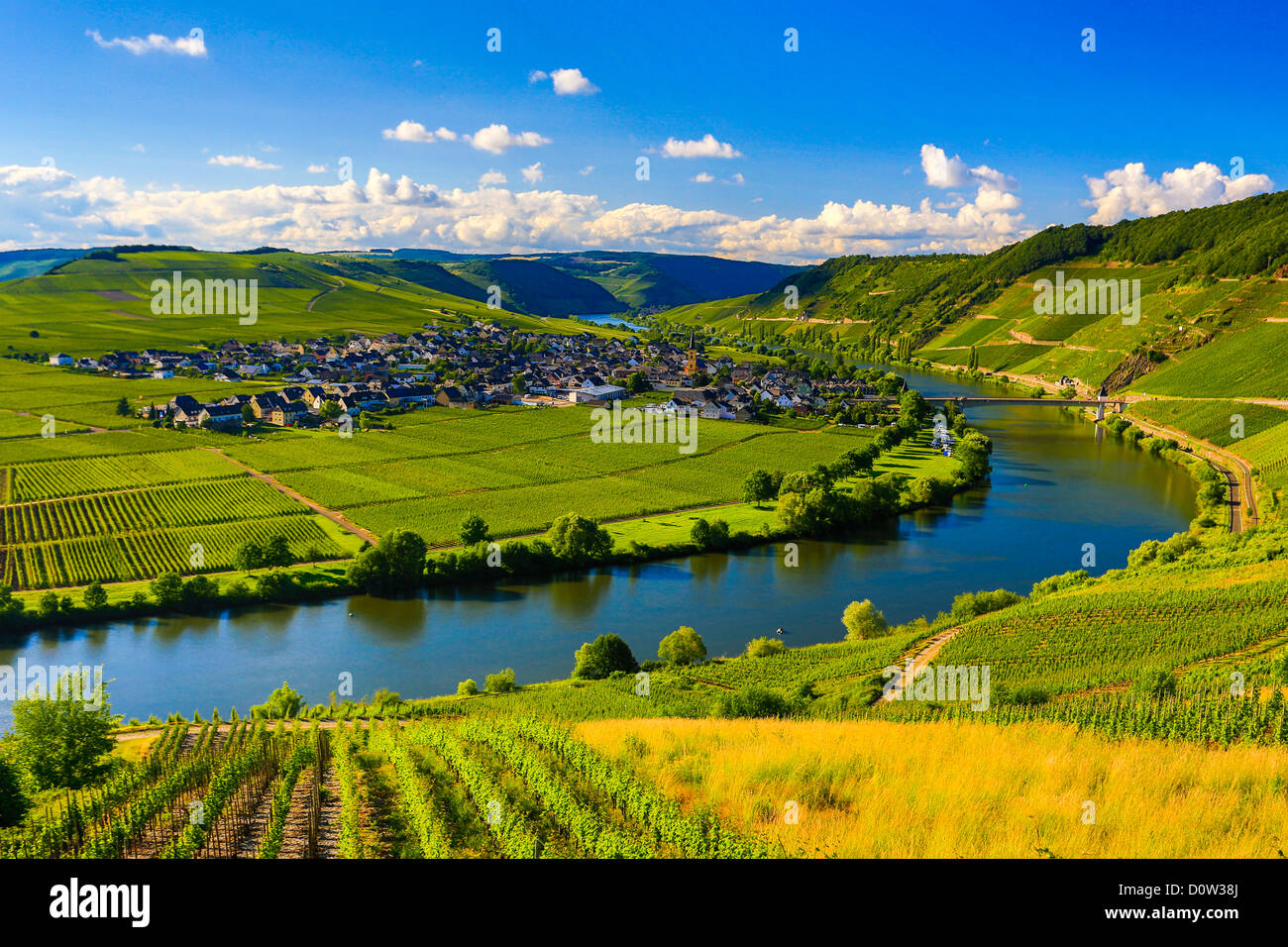 Germany, Europe, travel, Moseltal, Moselle, Trittenheim, Moselle, River, vineyards, agriculture, bend, clouds, Mosel, nature, to Stock Photo