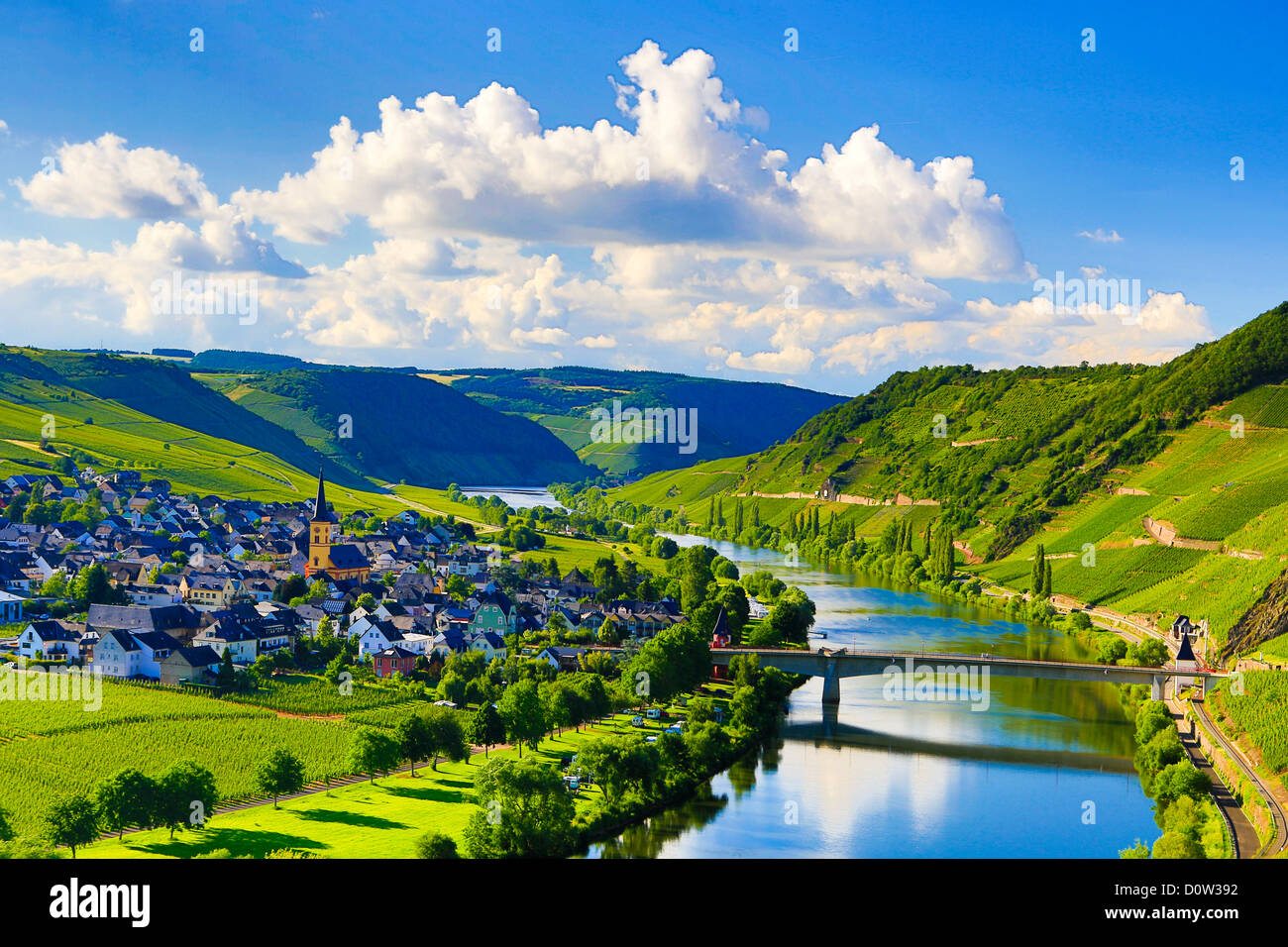 Germany, Europe, travel, Moseltal, Moselle, Trittenheim, Moselle, River, vineyards, agriculture, bend, clouds, Mosel, nature, to Stock Photo