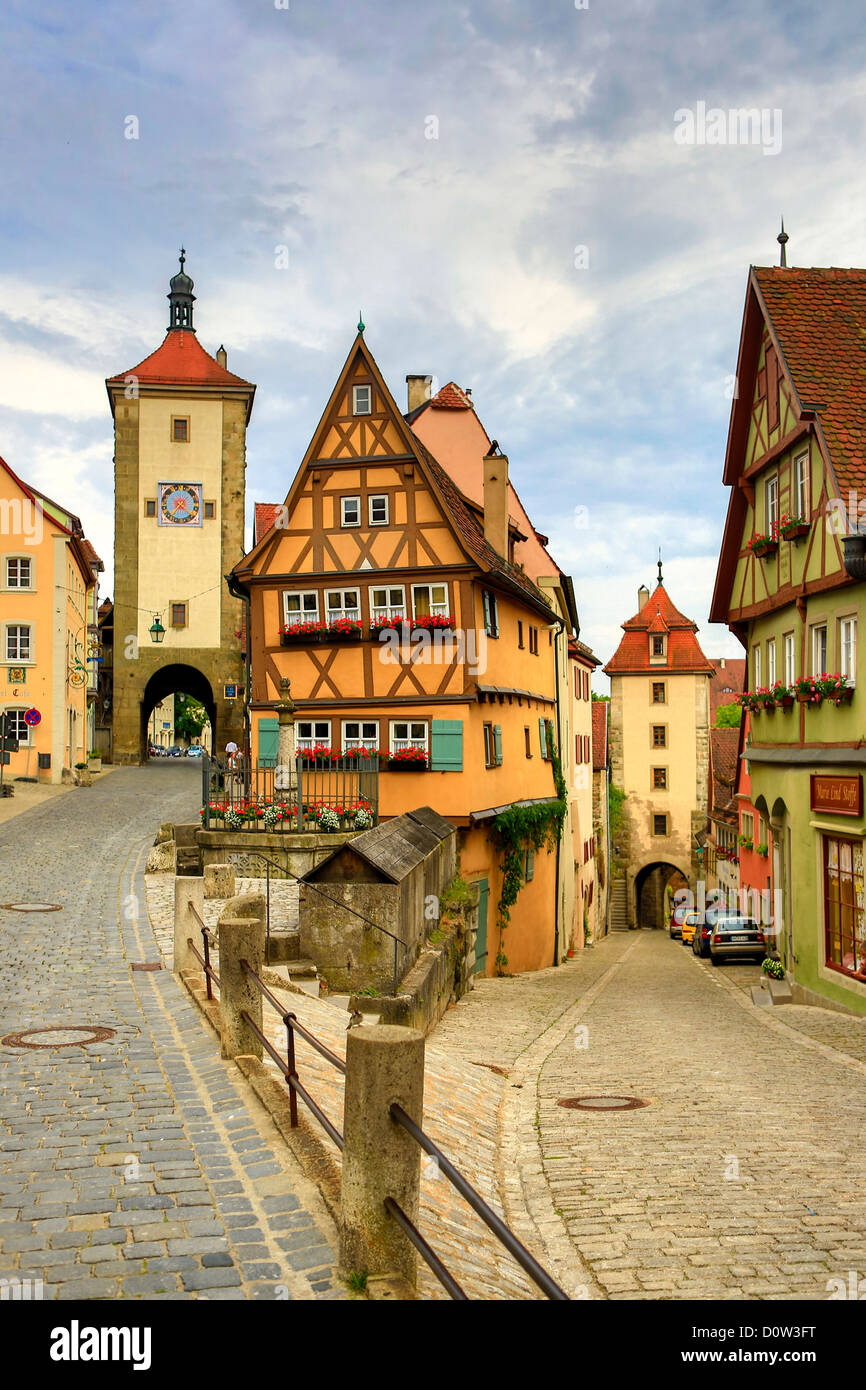 Germany, Europe, travel, Rothenburg, Romantic Road, Plonlein, Siebers, Kobolzell, architecture, Bavaria, colourful, gate, histor Stock Photo