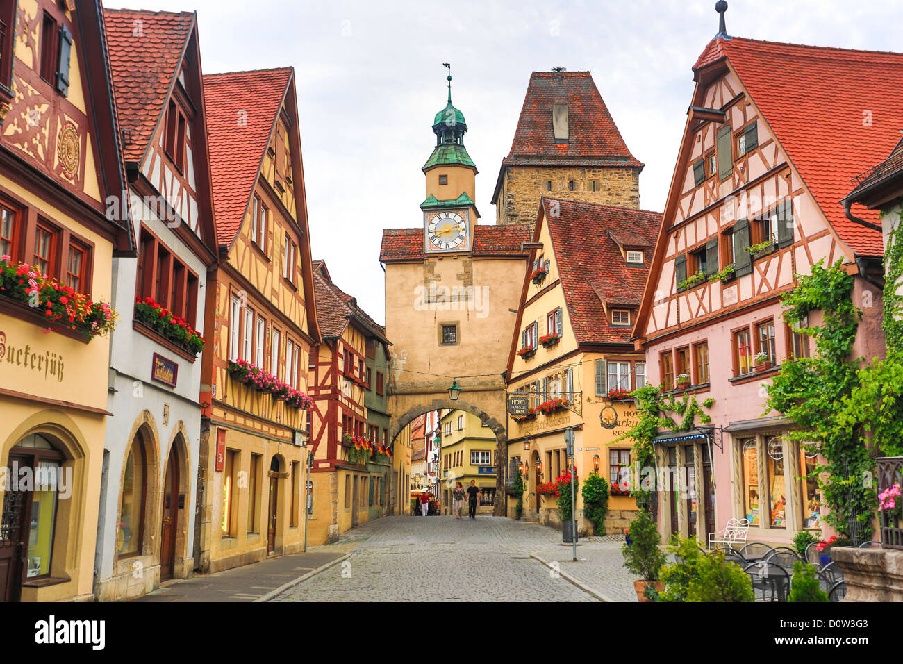 Germany, Europe, travel, Rothenburg, Romantic Road, Rodergasse, Street, Markus, Gate, architecture, Bavaria, colourful, gate, hi Stock Photo