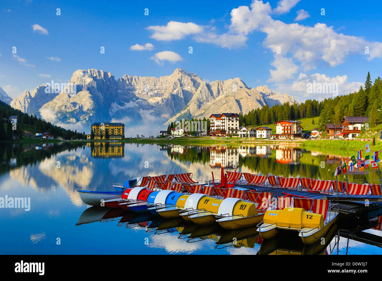 Italy, Europe, travel, Dolomite, Alps, Missurina, Lake, pedalo, boats, clouds, colourful, mountains, reflection, south Tirol, Ti Stock Photo