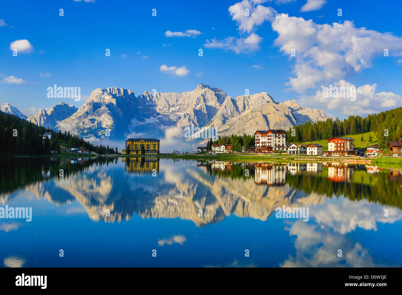 Italy, Europe, travel, Dolomite, Alps, Missurina, Lake, pedalo, clouds, colourful, mountains, reflection, south Tirol, Tirol, Stock Photo