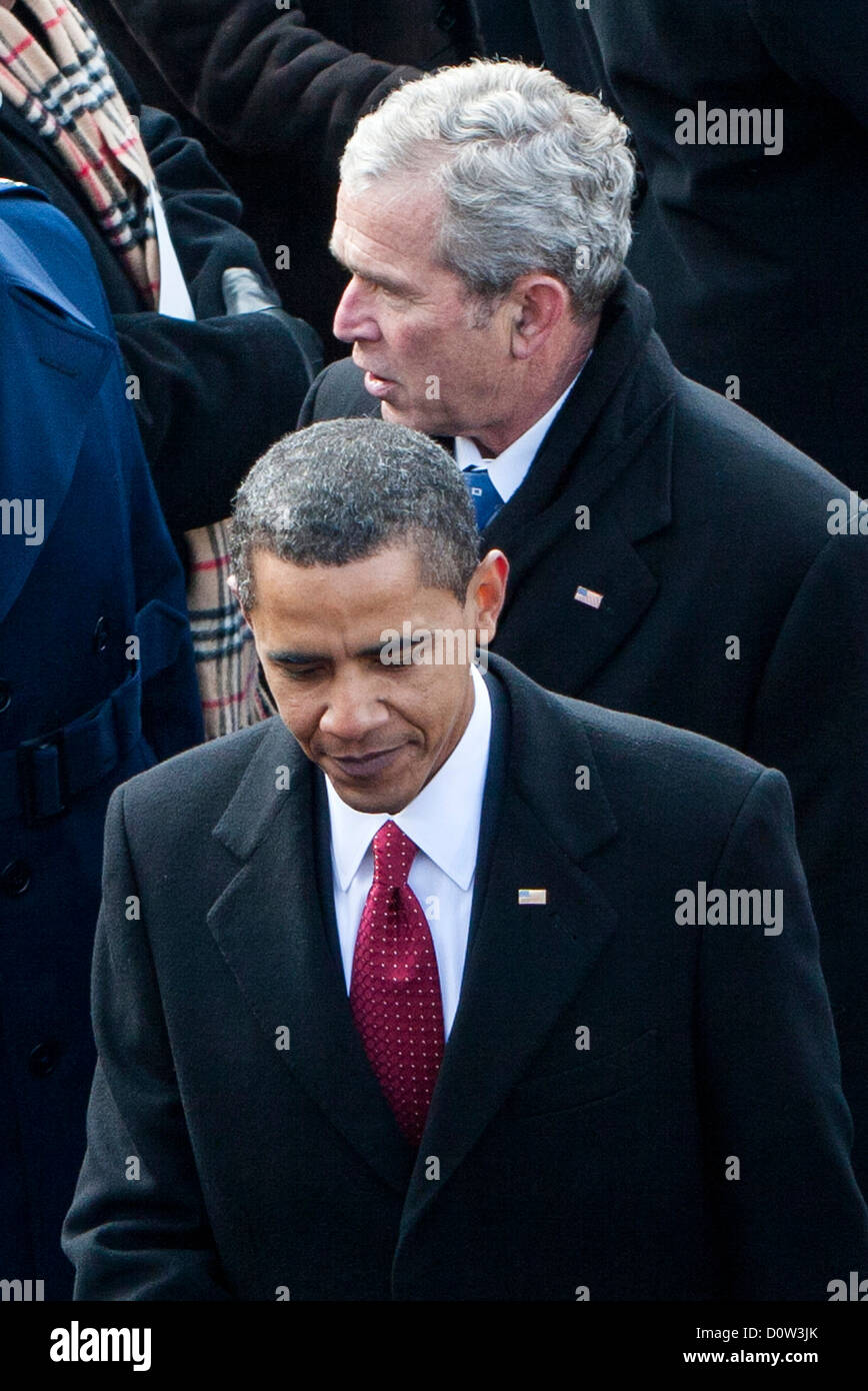 The Inauguration of President Barack Obama, January 20, 2009. He is joined by former President George W. Bush. Stock Photo
